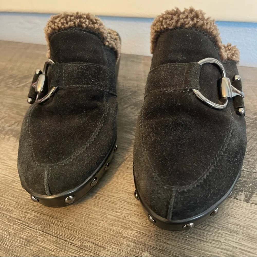 Stuart Weitzman Black Suede Mules with Brown Fur size 7M